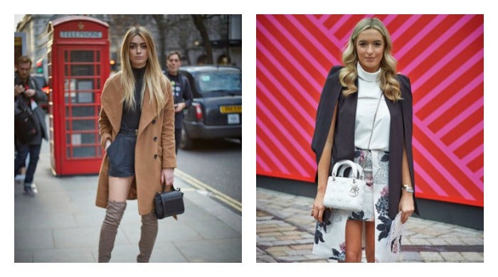 One woman wearing a brown coat and another wearing a floral skirt.