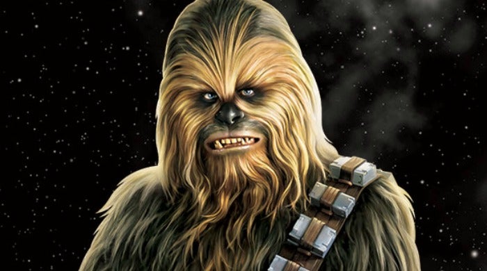 Chewbacca against a black, starry background.