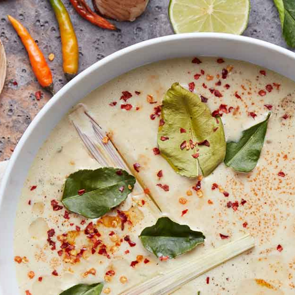 birdseye view of chicken and leek soup seasoned with herbs and spices