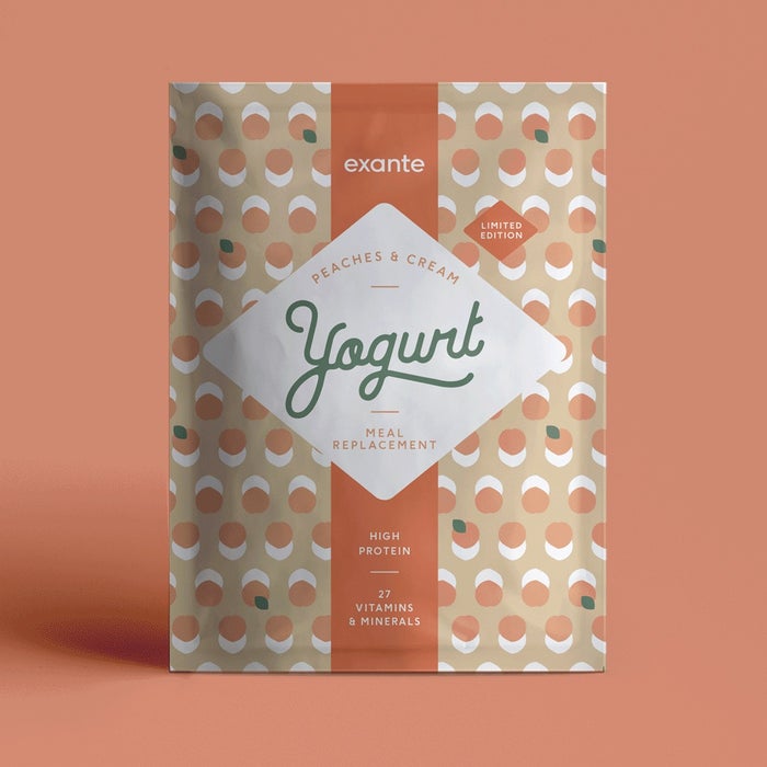 peaches and cream spring yogurt packaging on orange background