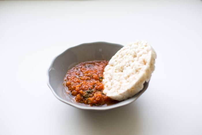 100 calorie snack rice cake and salsa