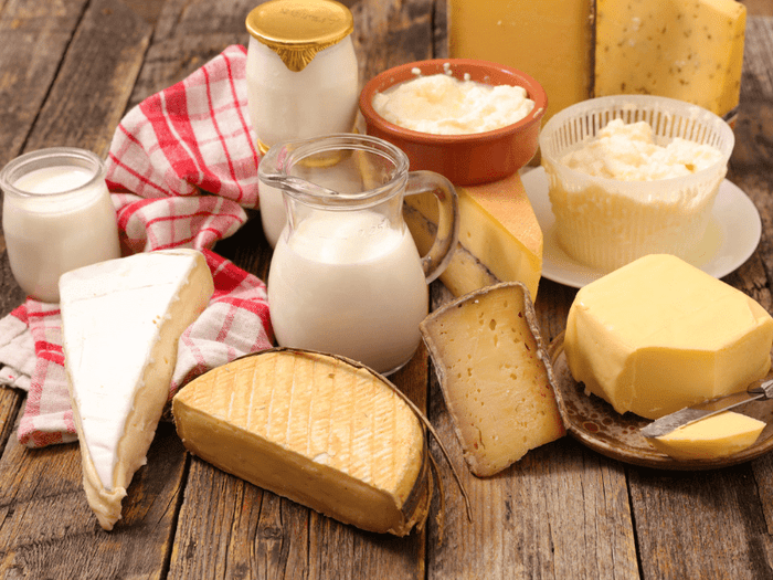 A spread of yogurt, milk, cheese, and other dairy