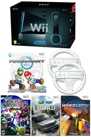 Nintendo Wii Black Console: Bundle (Including Wii Sports Resort, Off Road, Wheelspin, Super Smash Bros Brawl, Mario Kart & 2 Wheels)