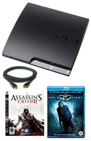 Playstation 3 PS3 Slim 120GB Console: Bundle (including Dark Knight Blu Ray, Assassins Creed 2 & 2M HDMI Cable)