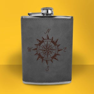 Vintage Compass Engraved Hip Flask - Grey