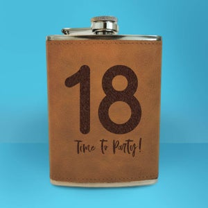 18 Time To Party! Engraved Hip Flask - Brown