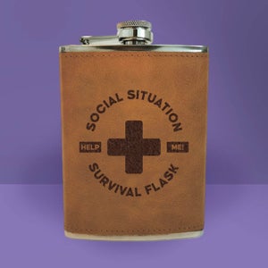 Social Situation Survival Flask - Brown Engraved Hip Flask - Brown