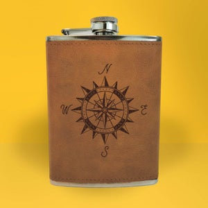 Vintage Compass Engraved Hip Flask - Brown