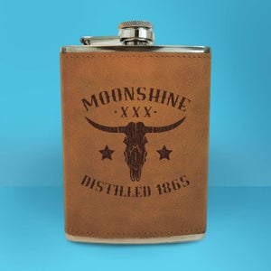 Western Moonshine Distilled 1865 Engraved Hip Flask - Brown