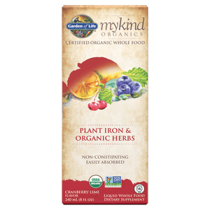 Mykind Organics Hierro Vegetal y Hierbas Orgánicas - Líquido sabor arándano y lima de 250ml