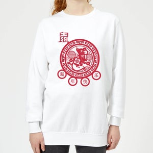 Year Of The Rat Decorative Cut Out Red Women's Sweatshirt - White