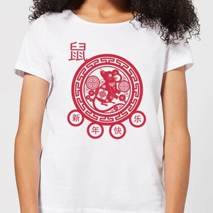 Year Of The Rat Decorative Cut Out Red Women's T-Shirt - White