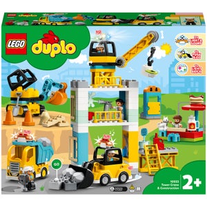LEGO 10933 DUPLO Bouw met Torenkraan, Vrachtwagen, Graafmachine en Hotdog Kraam, Speelgoed voor Peuters vanaf 2 Jaar