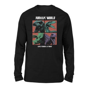 Jurassic Park World Four Colour Faces Unisex Long Sleeved T-Shirt - Black