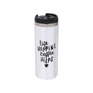 The Motivated Type Life Happens Coffee Helps Stainless Steel Thermo Travel Mug - Metallic Finish