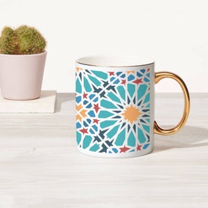 Flower Tile Bone China Gold Handle Mug