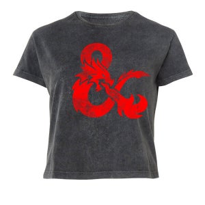 T-Shirt Cropped Dungeons & Dragons Distressed Red Ampersand - Nero Acid Wash - Donna