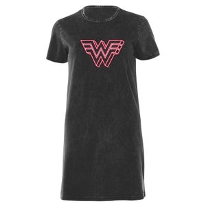 Wonder Woman Neon Logo Women's T-Shirt Dress - Black Acid Wash