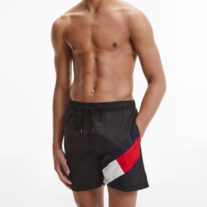 Tommy Hilfiger Men's Signature Flag Medium Length Drawstring Swimshorts - Black