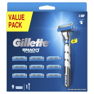 Gillette Mach 3 Turbo 3D Value Pack, Razor + 9 Razor Blades