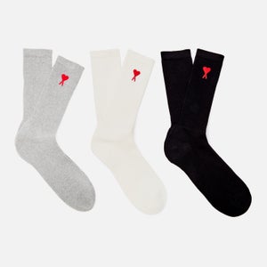 AMI Men's 3-Pack De Coeur Socks - Off White/Grey/Black