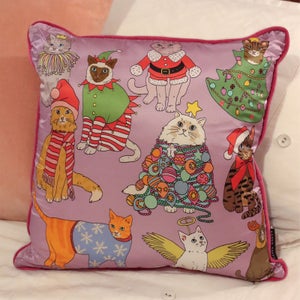 Karen Mabon Christmas Cats Cushion - Lilac - 45 x 45cm