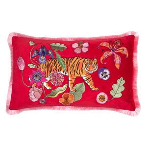 Karen Mabon Tiger Bouqet Bolster Cushion - Red - 50x30cm