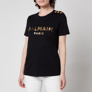 Balmain Women's 3 Button Metallic Printed Balmain T-Shirt - Black