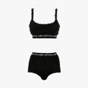 Fluffy Crop Top and Briefs - Black