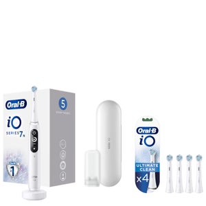 Oral B iO7 White Electric Toothbrush with Travel Case & Toothbrush Heads Bundle (Pack of 4) - White