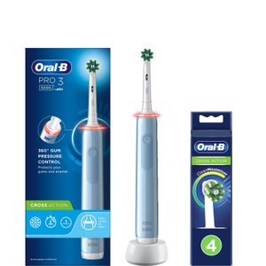 Oral-B Pro 3 3000 Cross Action Blue Electric Toothbrush & Toothbrush Heads Bundle (Pack of 4) - Black