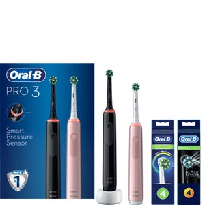 Oral B Pro 3900 Duo Electric Toothbrushes, Black & Pink & Toothbrush Heads Bundle (Pack of 8) - Black & White