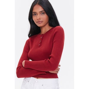 Ribbed Jumper-Knit Henley Top