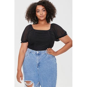 Plus Size Ruched Mesh Crop Top