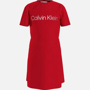 Calvin Klein Girls Silver Logo T-Shirt Dress - Fierce Red