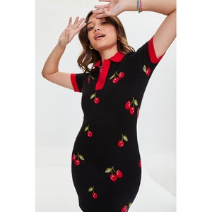 Cherry Split-Neck Sweater Dress