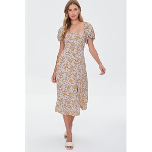Floral Print Lace-Back Satin Dress