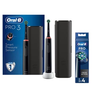 Oral B Pro 3500 Cross Action Black Electric Toothbrush with Travel Case + 4 Refills