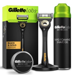 Gillette Labs Razor with Exfoliating Bar and Magnetic Stand (Black & Gold), Shaving Gel, Moisturiser