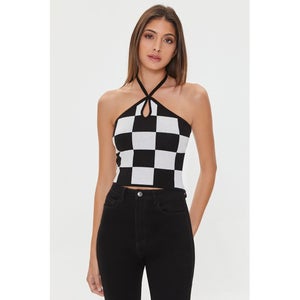 Checkered Sweater-Knit Halter Top