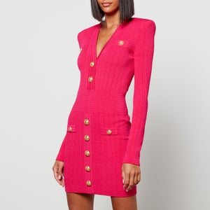 Balmain Women's Short V Neck Buttoned Details Knit Dress - Pink