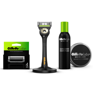 Gillette Labs Razor with Exfoliating Bar and Magnetic Stand (Black & Gold), Shaving Foam, Moisturiser and 4 Count Blades