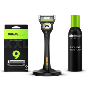 Gillette Labs Razor with Exfoliating Bar and Magnetic Stand (Black & Gold), Shaving Foam and 9 Count Blades
