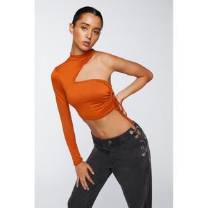 Ruched Cutout One-Sleeve Crop Top