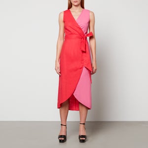 Never Fully Dressed Colour-Blocked Linen-Blend Wrap Midi Dress