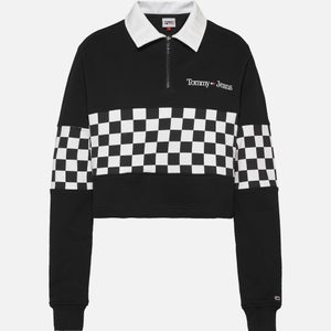 Tommy Jeans Organic Cotton-Blend Boxy Crop Checker Zip Long Sleeve Polo