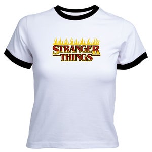 Stranger Things Flames Logo Women's Cropped Ringer T-Shirt - White Black