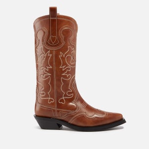 Ganni Mid-Rise Embroidered Leather Western Boots