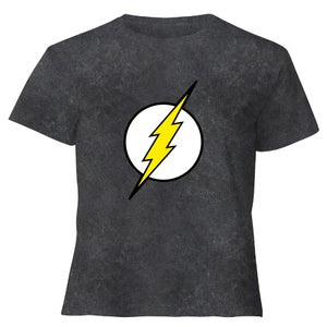 Justice League Flash Logo Women's Cropped T-Shirt - Black Acid Wash