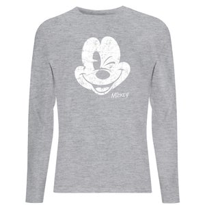 Disney Mickey Mouse Worn Face Men's Long Sleeve T-Shirt - Grey